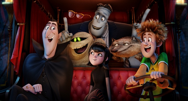 Dracula (Adam Sandler), Griffin the Invisible Man (David Spade), Murray the Mummy, Frank (Kevin James), Mavis (Selena Gomez), Wayne (Steve Buscemi) and Johnny (Andy Samberg) in Columbia Pictures' HOTEL TRANSYLVANIA 2.