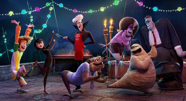 Johnny (Andy Samberg), Mavis (Selena Gomez), Dracula (Adam Sandler), Wayne (Steve Buscemi), Eunic (Fran Drescher), Frank (Kevin James), Mummy the Mummy in Columbia Pictures' HOTEL TRANSYLVANIA 2.